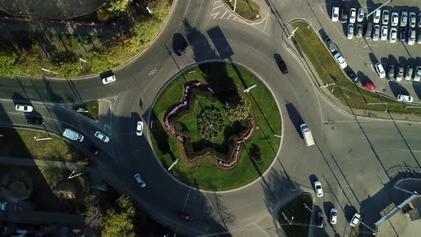Drones Eye View Traffic Jam Top View Transportation Concept Roundabout Intersection Crossroad Aerial