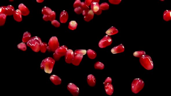 Red Ripe Garnet Seeds Fly on a Black Background