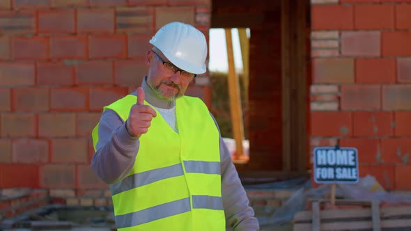 Positive Builder Engineer Architect Looking Approvingly at Camera Showing Thumbs Up Like Sign