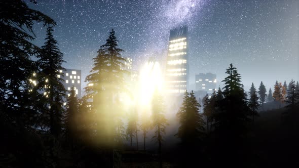 City Skyscrapes at Night with Milky Way Stars