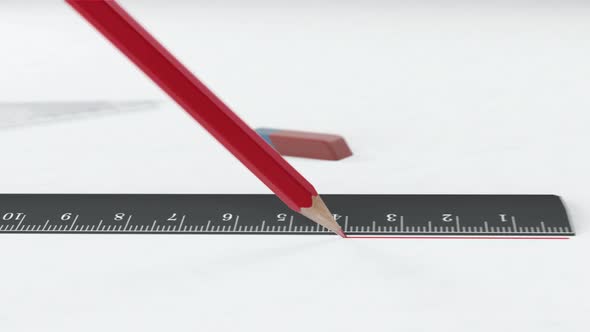 Red Pencil Draws a Line Along the Ruler alt