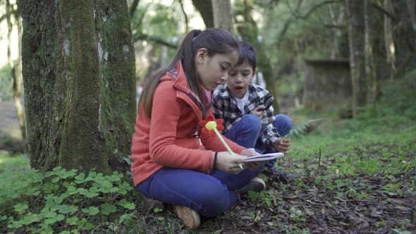 Happy ethnic children with loupe studying leaf in forest