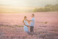 man and a pregnant woman with long blond hair are standing in a field of lavender - PhotoDune Item for Sale