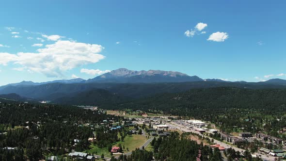 Aerial Moving toward Pikes Peak Colorado Springs, Western America Dolly Shot