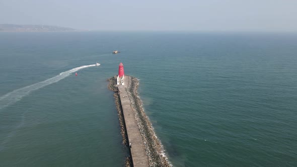 Drone shot of Poolbeg Lighthouse in Dublin.