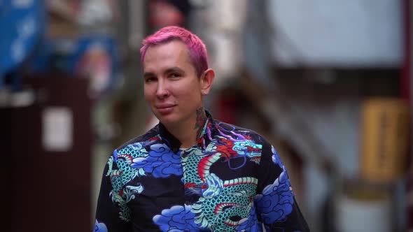 Pink-haired Guy Is Walking in City, Medium Portrait Shot, Lgbt-community, Creative Hairstyle of