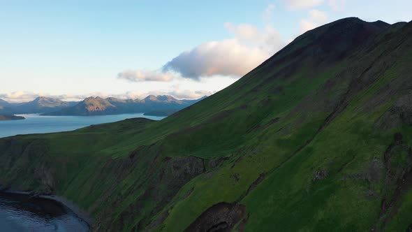 Aerial view of Summer Bay, Unalaska island, Alaska, United States..