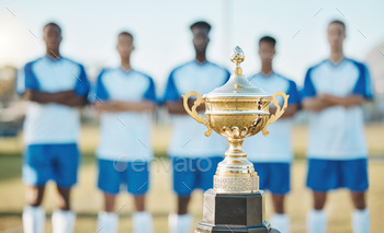 Soccer team, trophy and sports tournament for winning challenge, teamwork or event on the field out