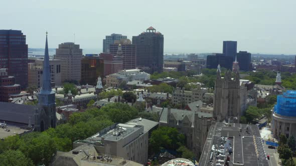 Flying over Malone Engineering of Yale toward downtown