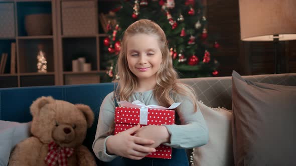 Portrait of Smiling Little Blonde Girl Hugging Festive Gift Box at Christmas Tree Cozy Home Interior