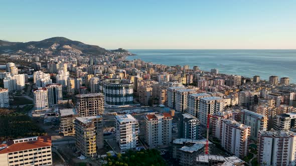 Colorful Panorama sunset over the city Aerial View 4 K Alanya Turkey