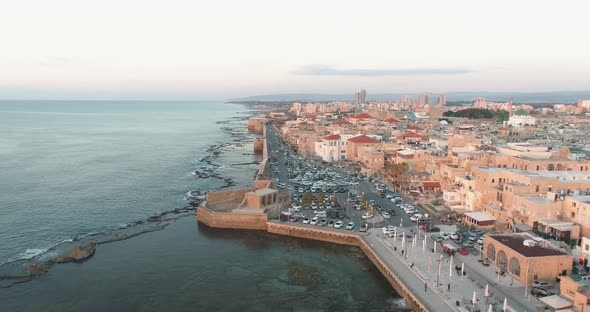 Aerial view of Acre Old city facing the Mediterranean sea, in Israel.