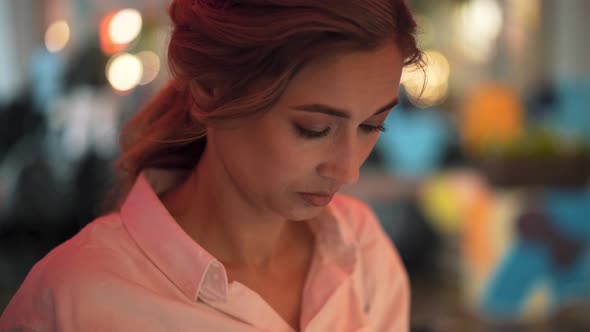 Woman Portrait Close Up Evening Time With Bokeh City Light Background