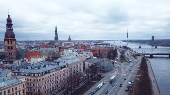 Riga Panorama Old Town Aerial 4k