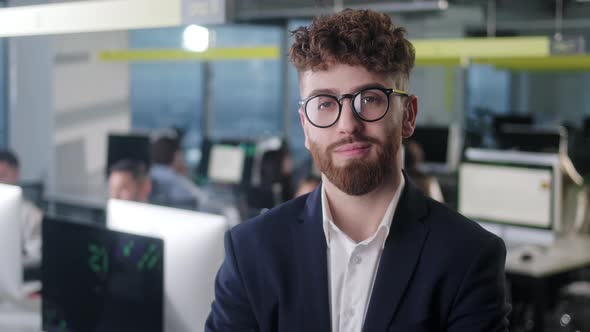 Portrait of Cheerful Male Boss in Jacket and Glasses with Looking to Camera and Smiling