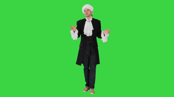 Man Oldfashioned Frock Coat White Wig Talking Waiving His Hands Theatrically Looking Camera Green