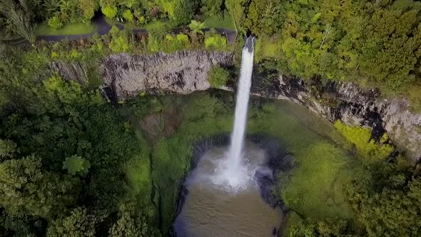 Aerial footage of Bride Veil Waterfall in New Zealand