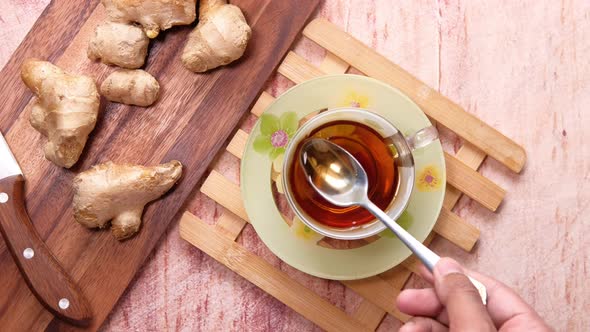 Top View of Ginger Tea on Wooden Background