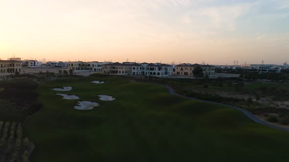 Aerial view of nightfall on a luxury residential neighborhood, Dubai, U.A.E.