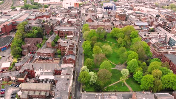 Flying over Winckley Square towards Preston city centre on a cloudy day