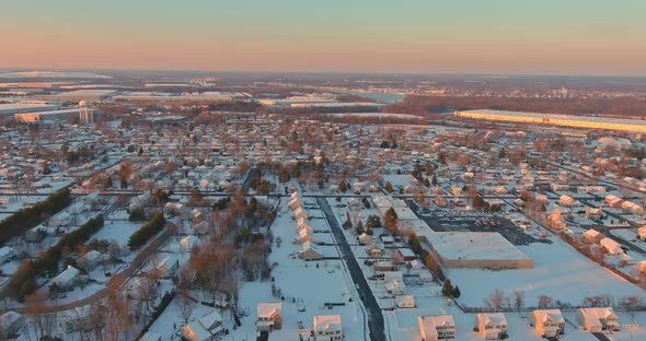 Amazing Winter Landscape Sunset Scenery in Residential Streets After the Snow of a Small Town