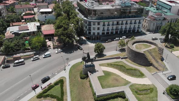 Aerial view of Monument of King Erekle II in Telavi. flying over Batonis Tsikhe