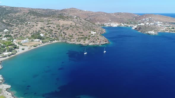 Faros beach on the island of Sifnos in the cyclades in Greece seen from the sky