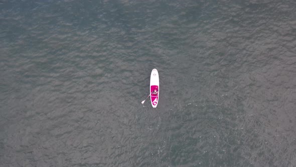 Man doing sport, paddle board, at seaside, aerial view