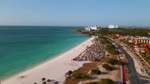 Aerial From Eagle Beach on Aruba in the Caribbean Bird Ey View at the Beach with Umbrella at Aruba