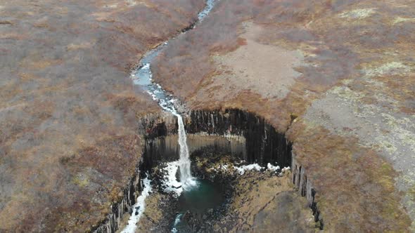 Drone Aerial View of Svartifoss Waterfall, Skaftafell, Iceland. Famous Landmark and Touristic Attrac