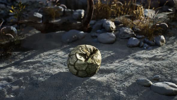 An Old Torn Soccer Ball Thrown Lies on Sand of Sea Beach