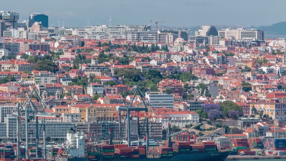 Panorama of Lisbon Historical Centre Aerial Timelapse Viewed From Above the Southern Margin of the