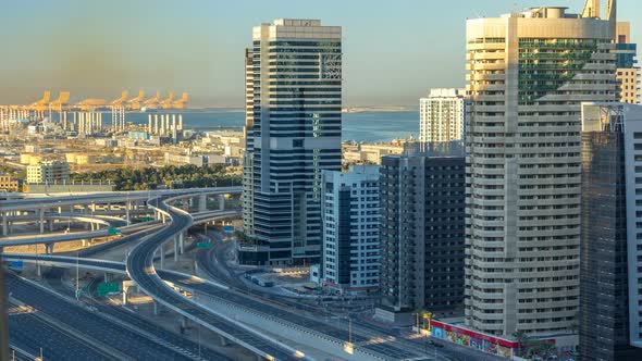 Dubai Marina Skyscrapers Aerial Top View at Sunrise From JLT in Dubai Timelapse UAE