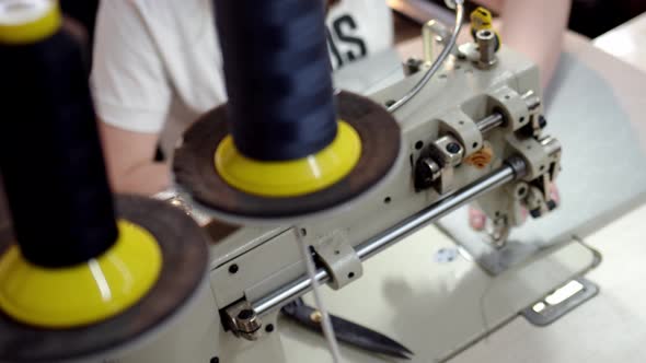 Process of Embroidering Diamond Pattern on Cowhide in Atelier on Step Sewing Machine