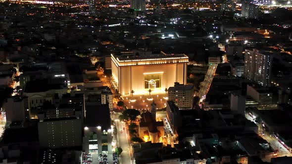 Medieval building. Night city landscape at downtown district.