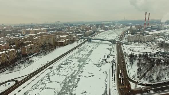 General View of Winter Moscow, the Frozen River. Application Shot.