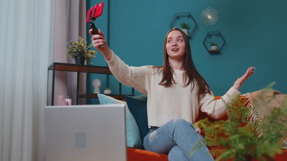 Girl Blogger Influencer Taking Selfie on Smartphone Make Virtual Social Media Video Online at Home