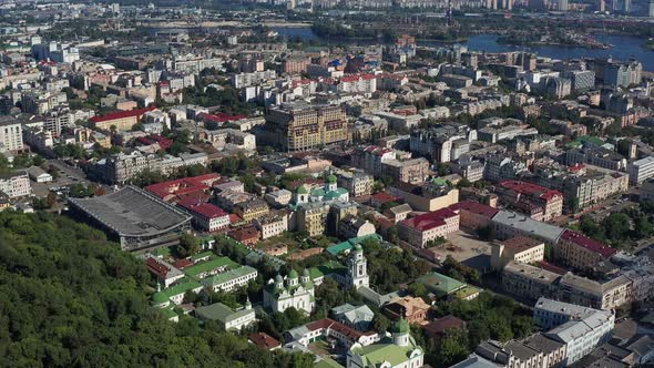 Top view of Podol. Many buildings and churches.