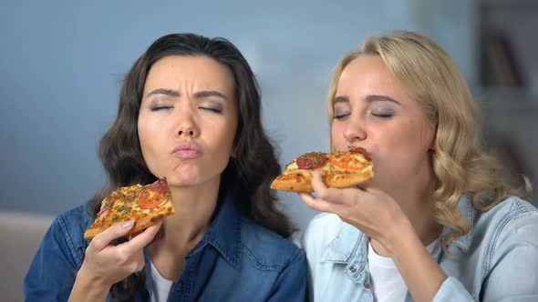 Hungry Female Friends Enjoying Delicious Pizza, Italian Cuisine, Food Delivery