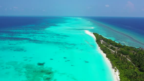 Aerial above sky of tropical island beach time by blue ocean and clean sandy background of a dayout 