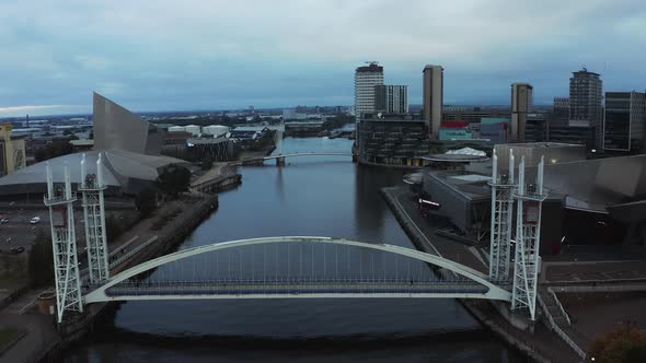 Aerial View of the Media City UK is on the Banks of the Manchester at Dusk