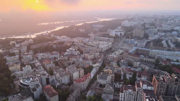 Kyiv Kiev Ukraine at Dawn in the Morning. Aerial View