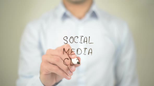 Social Media Cloud, Businessman Writing on Transparent Screen