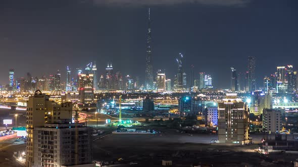 Scenic Dubai Downtown Skyline Timelapse at Night