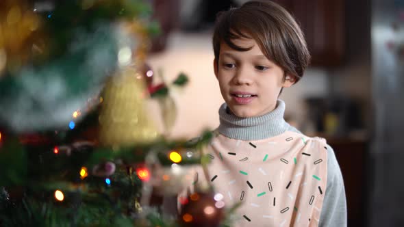 Portrait of Cute Caucasian Brunette Boy Decorating New Year Tree at Home