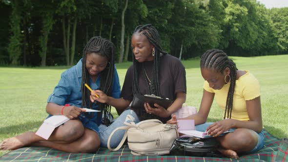 Smart Adorable African Teenage Girls Studying Together in Public Park