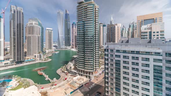 Aerial View of Dubai Marina Residential and Office Skyscrapers with Waterfront Timelapse