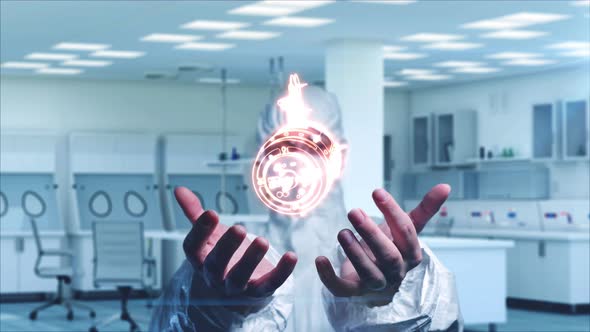 scientist engineer examines a holographic model of a spacecraft