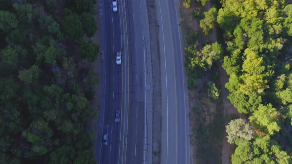 Aerial View Of Cars Driving At Santa Cruz Highway Near Lexington Reservoir In Los Gatos, California.