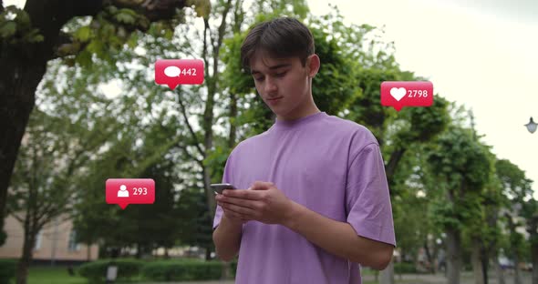 Young Men Use Phone Feel Happy Vlogger Influencer Animation with User Interface - Likes, Followers